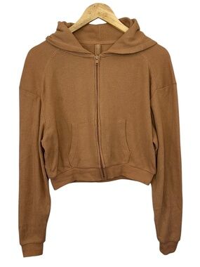 SKIMS Waffle Knit Cropped Zip Up Hoodie Size M Camel Tan Ochre Lounge Athleisure